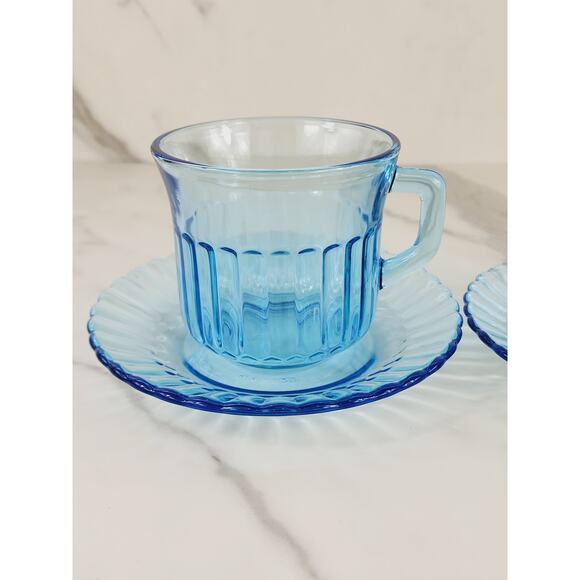 Fortecrisa Azure Ice Blue Glass Tea Cup Saucer 70's Interior Ribbed 3" Mexico x4 - Picture 2 of 13